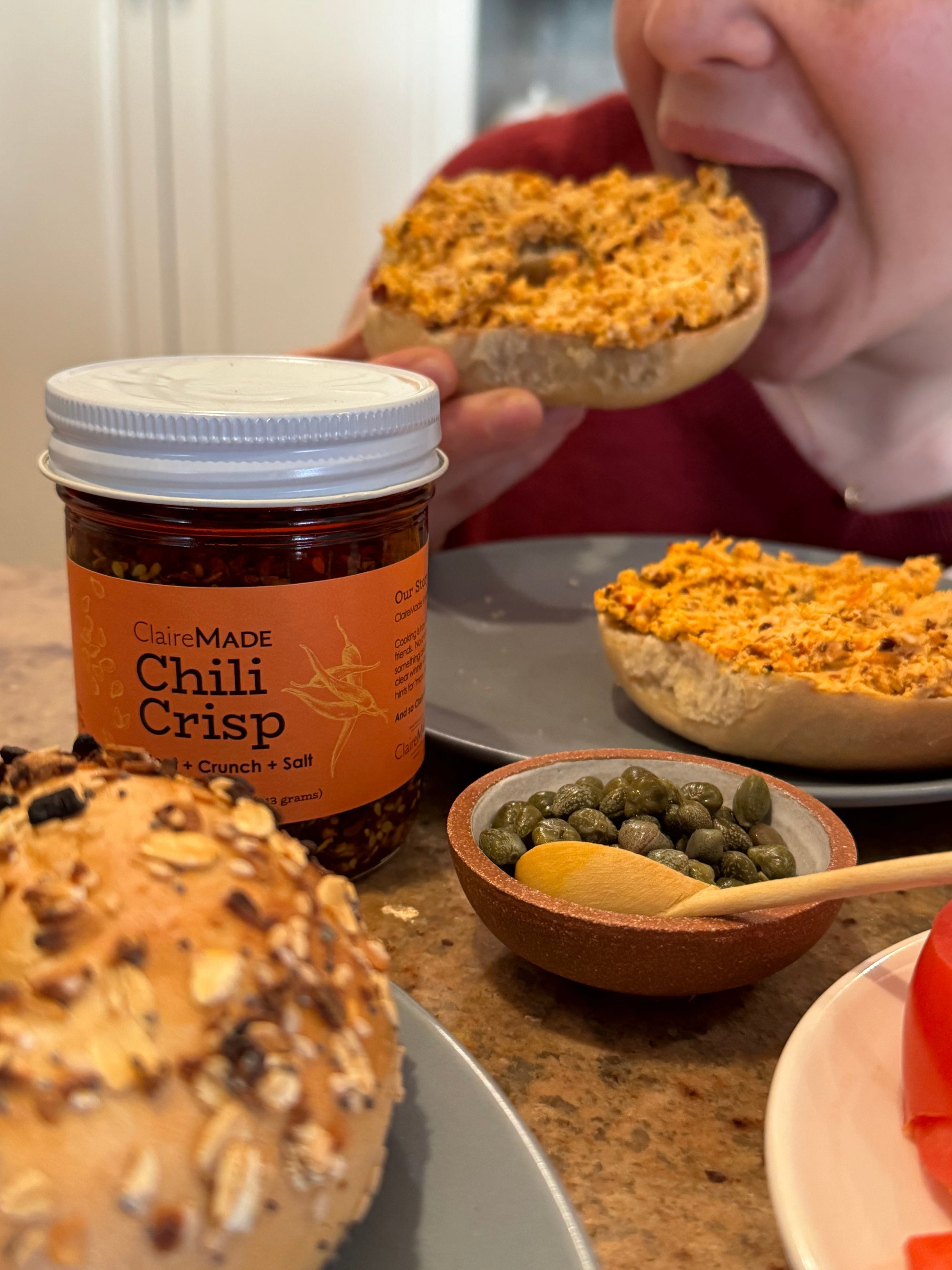 Add Chili Crisp to your Cream Cheese and make a Bagel divine!