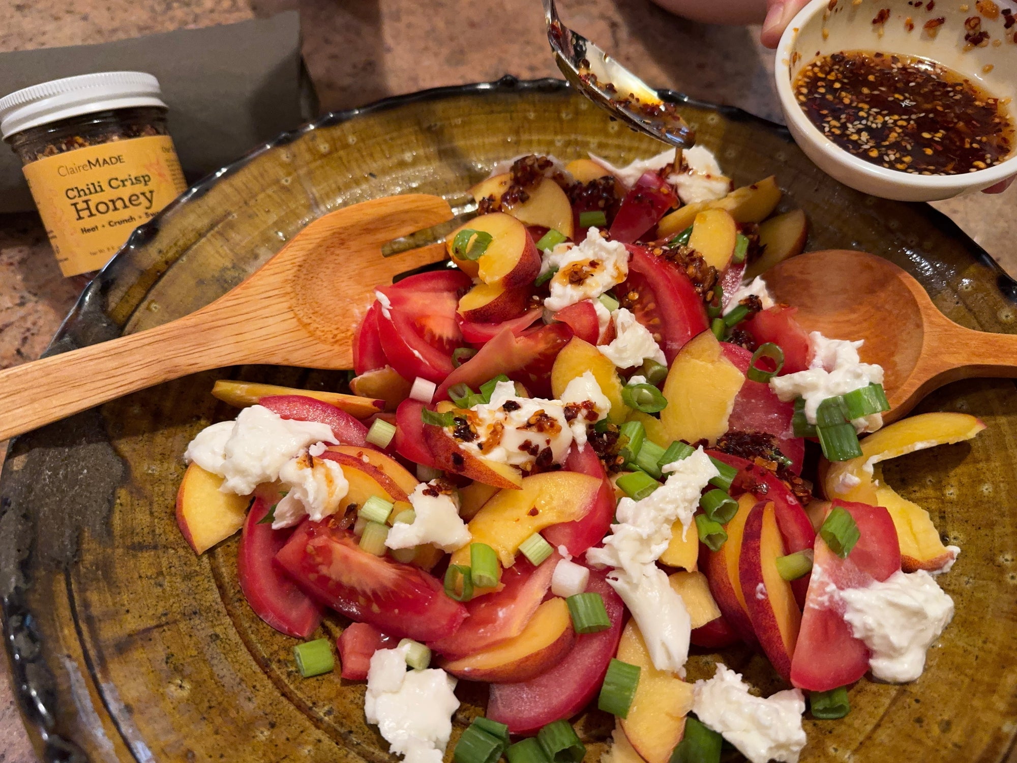 The Perfect Summer Salad -- Tomatoes, Peachs, Scallions, and Burrata with a Chili Crisp Honey Dressing