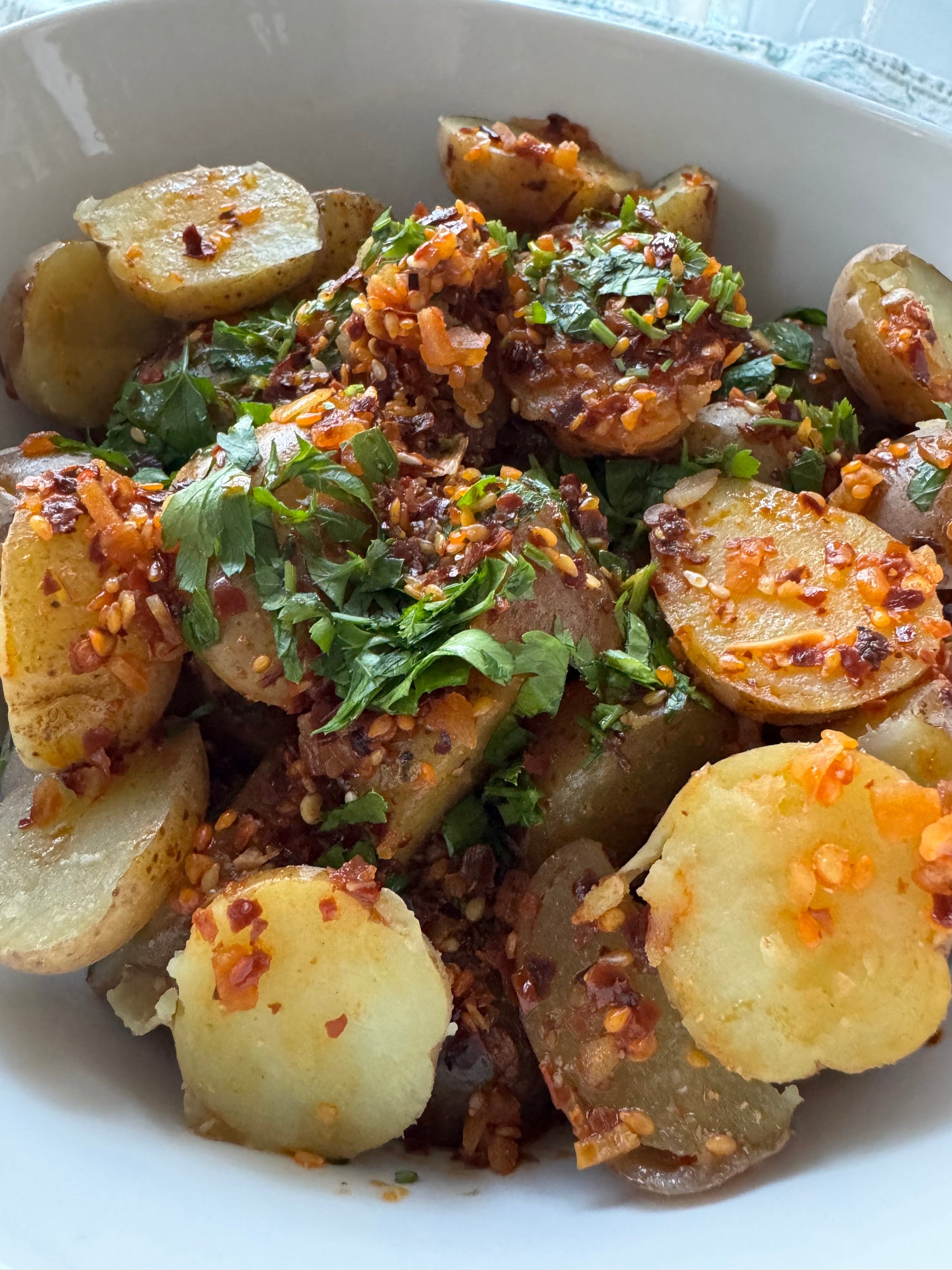 Potato Salad with a Kick!!!  Perfect for Any Picnic or Barbecue (uses Chili Crisp instead of may)